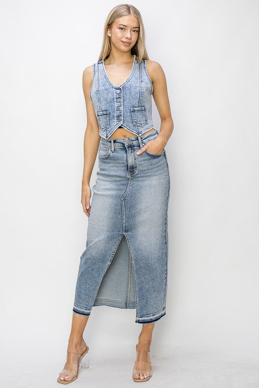 RISEN Button Down Crop Denim Vest - The Drop 702