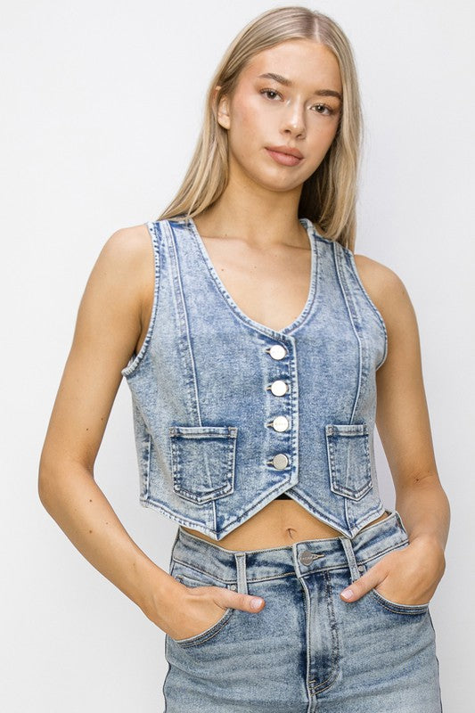 RISEN Button Down Crop Denim Vest - The Drop 702