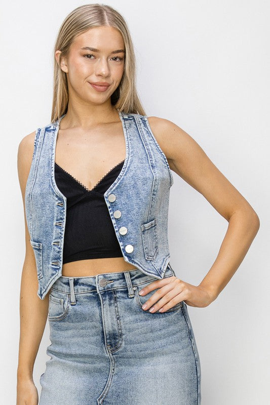 RISEN Button Down Crop Denim Vest - The Drop 702