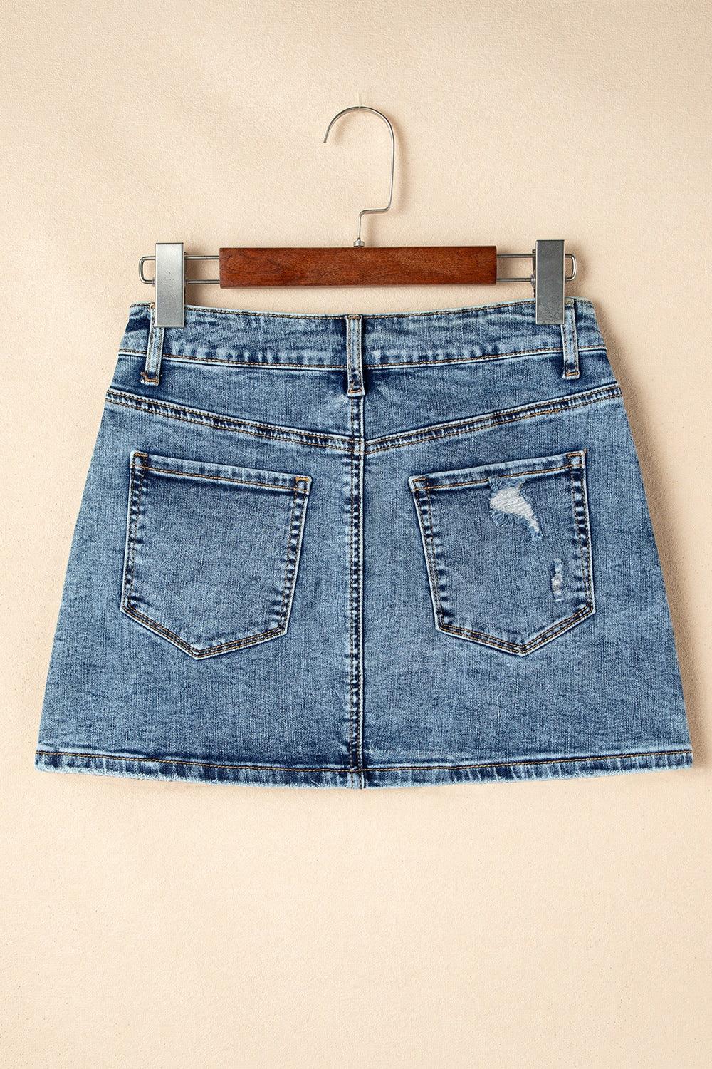 Rhinestone Distressed Denim Mini Skirt - The Drop 702