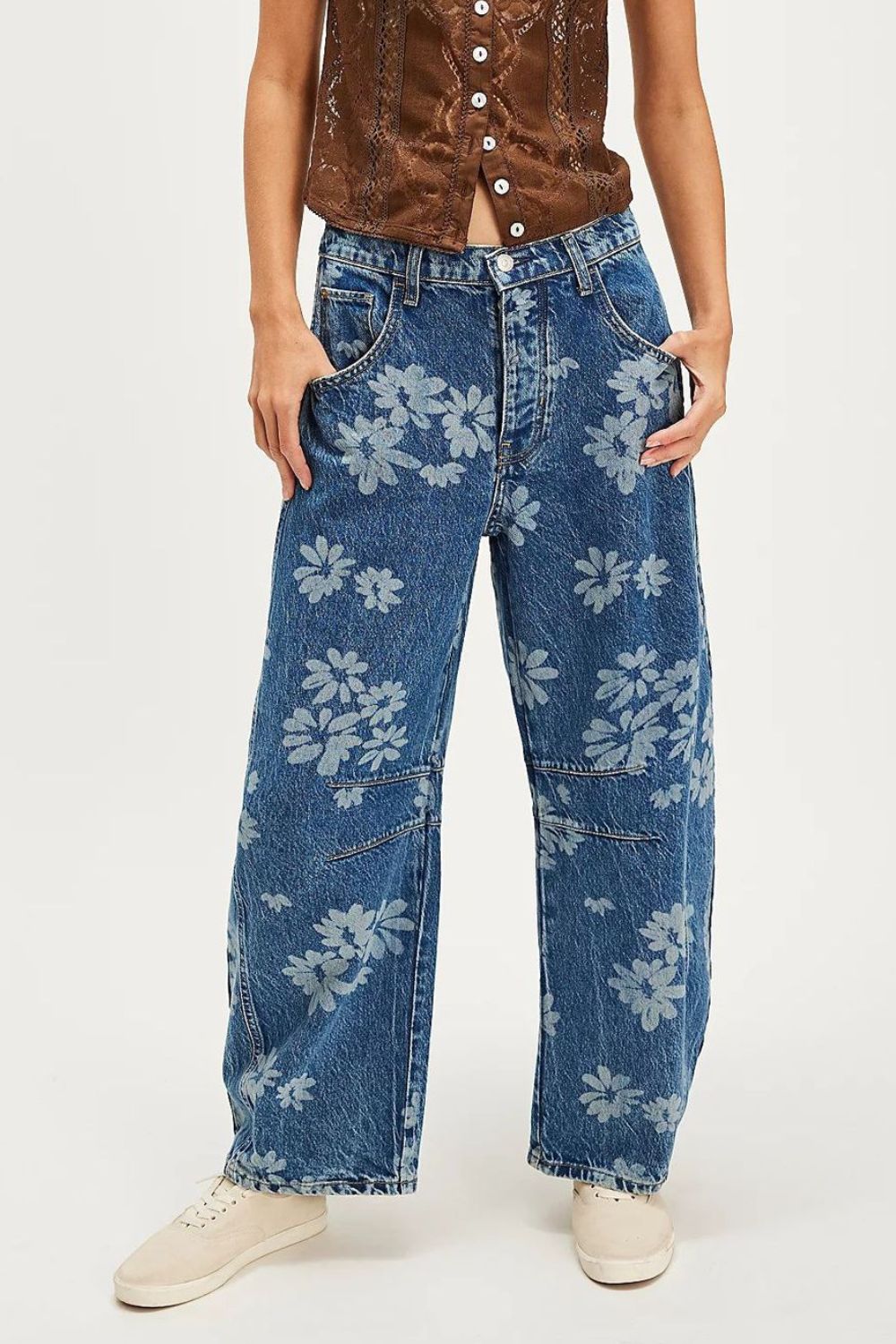 Flower Print Wide Leg Jeans - The Drop 702
