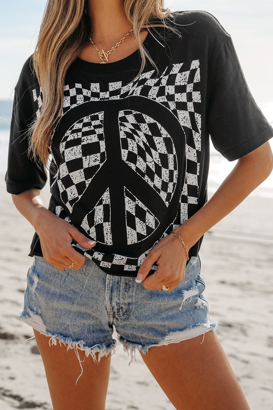 Checkered Peace Sign Round Neck T-Shirt - The Drop 702