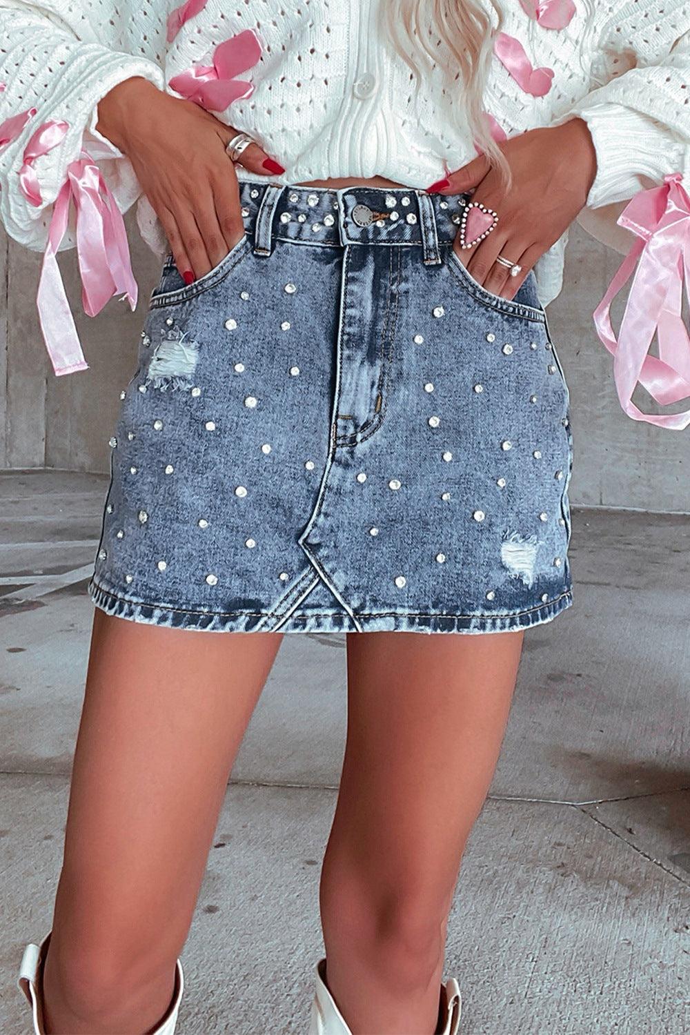 Rhinestone Distressed Denim Mini Skirt - The Drop 702