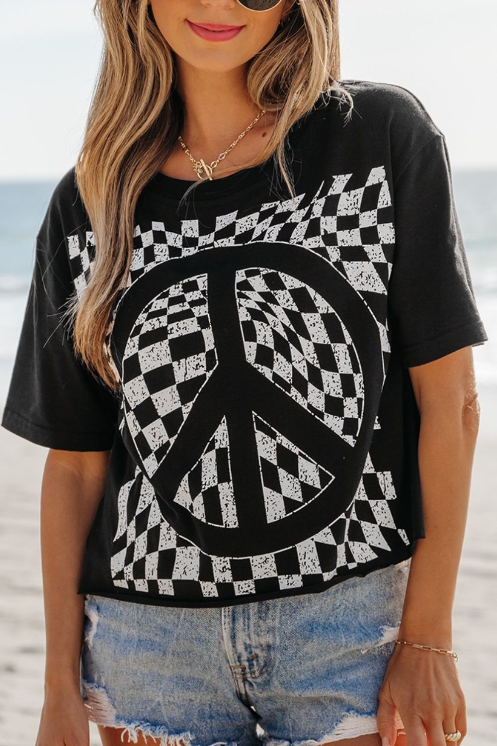 Checkered Peace Sign Round Neck T-Shirt - The Drop 702