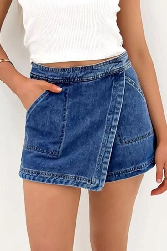 Asymmetrical Denim Skort with Pockets - The Drop 702