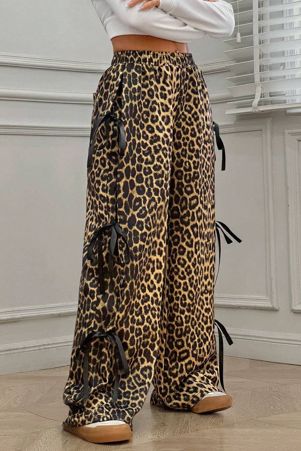 Leopard Bow Tie Elastic Waist Pants - The Drop 702